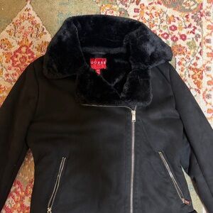 Guess Women's Black Leather Jacket with Faux Fur Collar